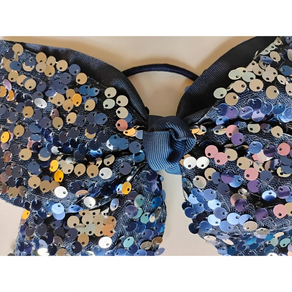Sparkly Navy Blue Sequin Denim‎ Bow Hair Clip with Custom Name 